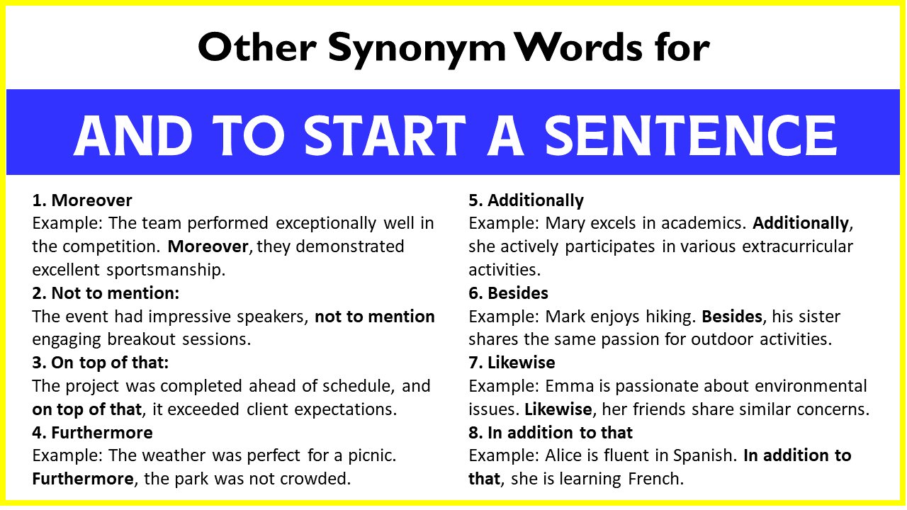 Other Synonym Words for “And To Start A Sentence”
