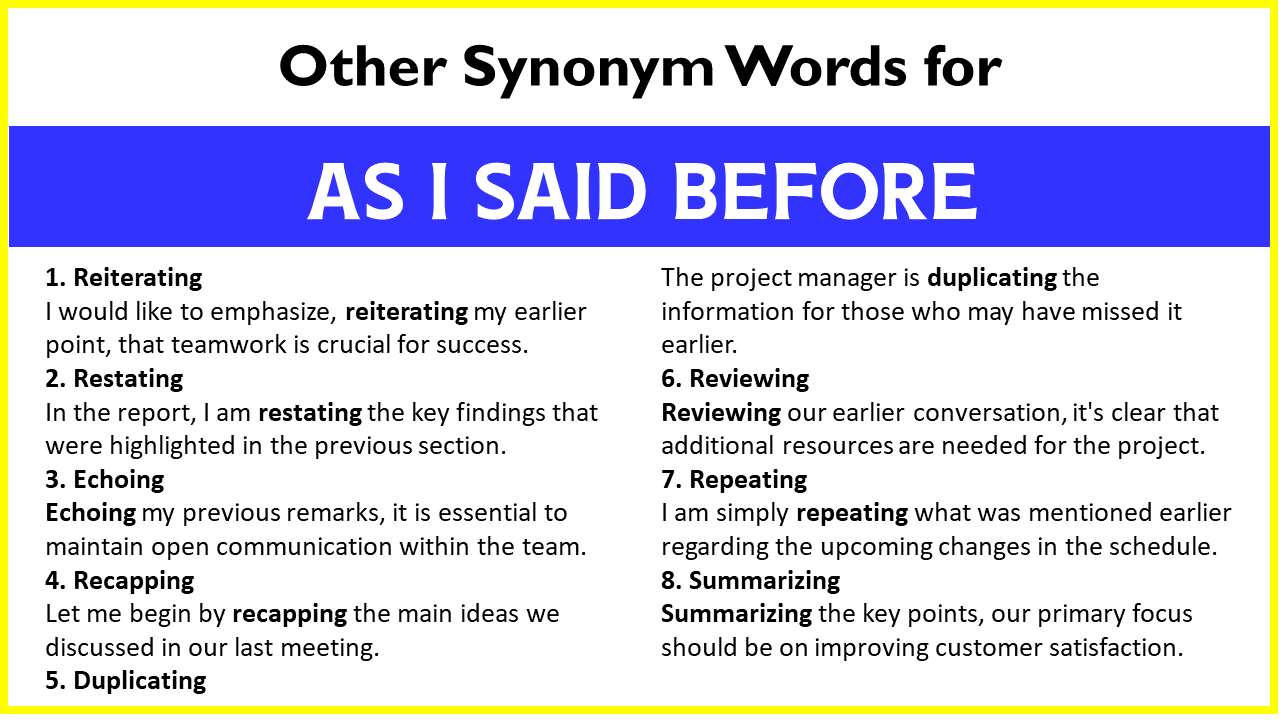 Other Synonym Words for “As I Said Before”