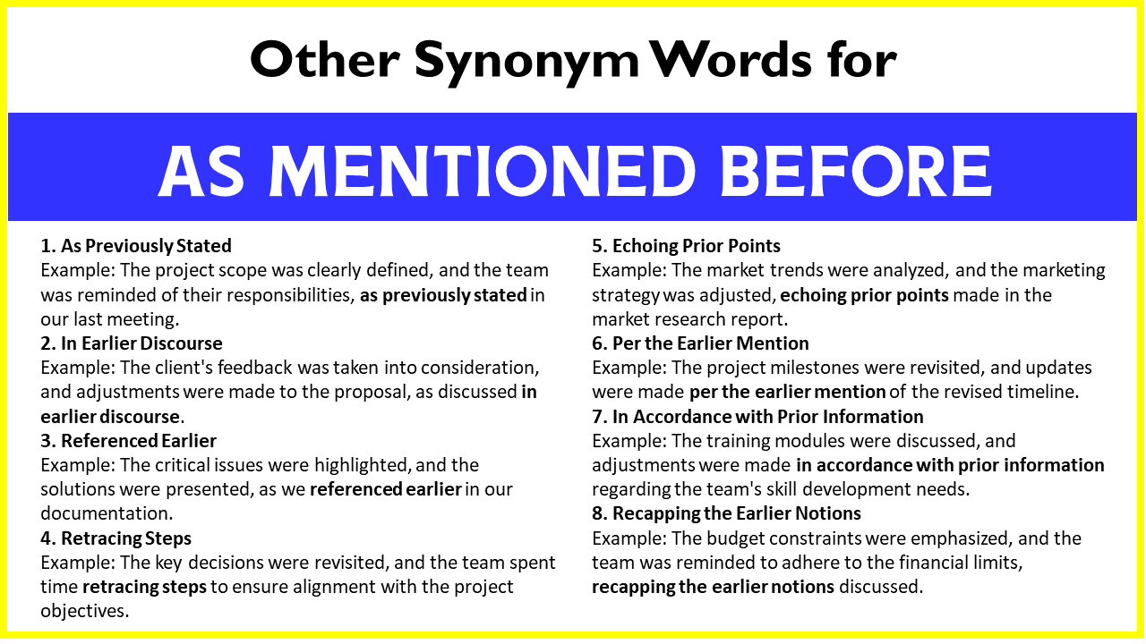 Other Synonym Words for “As Mentioned Before”